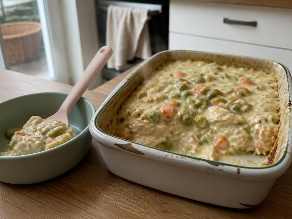 Creamy chicken, pea & carrot bake